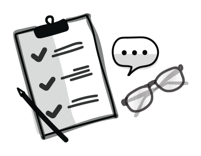 Clipboard mit Sprechblase und Brille